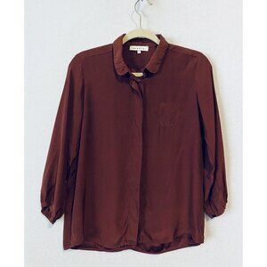 Sandro Top Womens 3/Large Button Up 3/4 Sleeve Split Back Maroon Silk Blouse